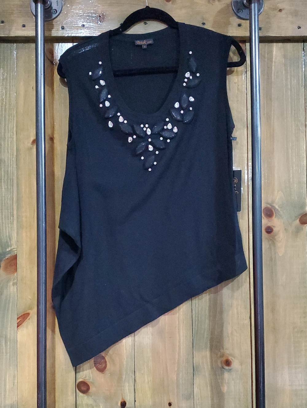 Black Sleeveless Asymmetric Top with Embellished Neckline Statement Evening